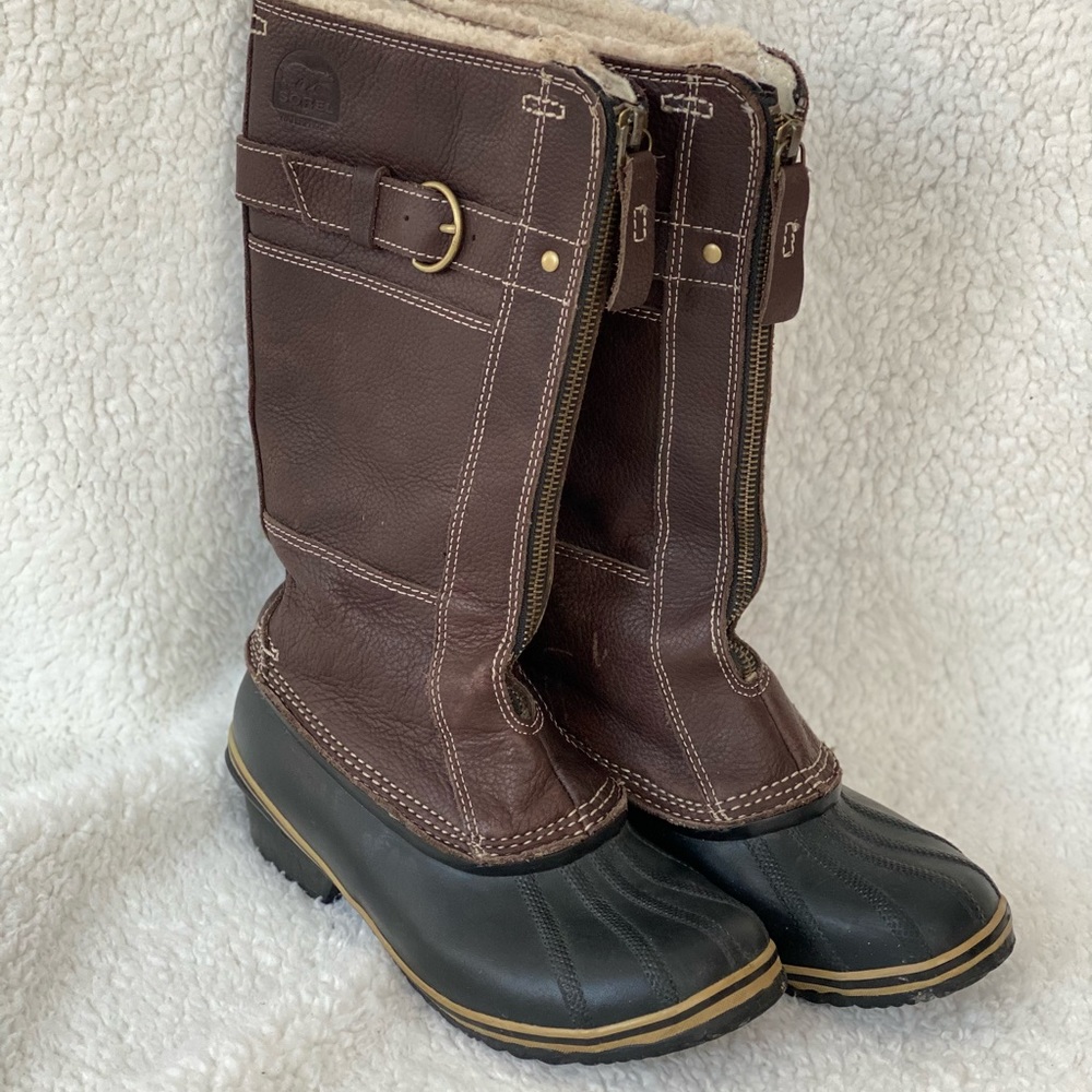 Sorel Brown and Black Winter Rain Boots with Shearling Lining